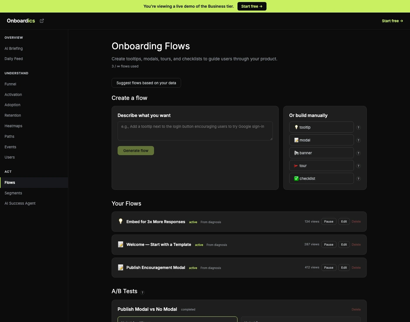 A/B Testing for Flows in the Onboardics dashboard