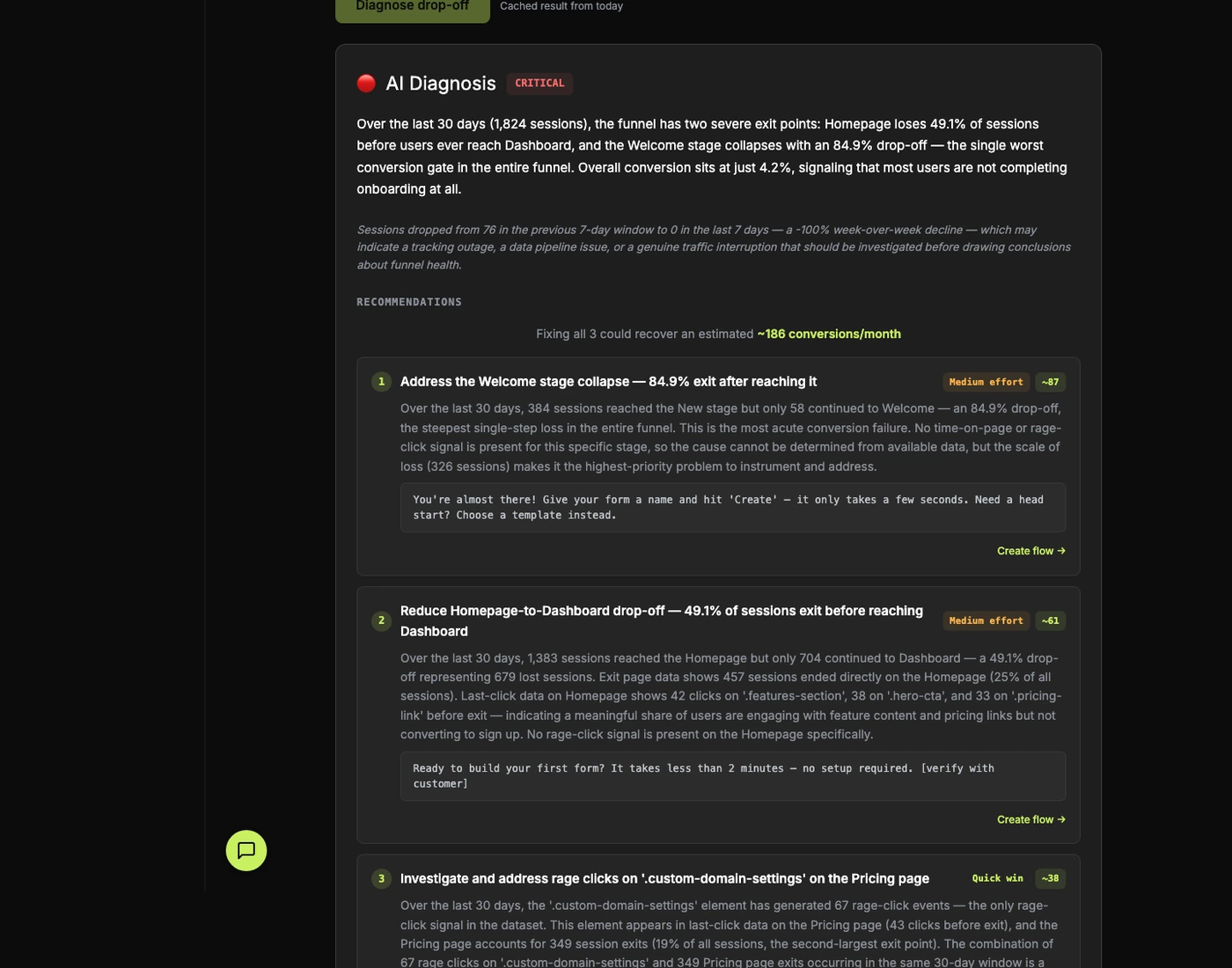 AI diagnosis with fix recommendations and Create flow buttons in the Onboardics dashboard