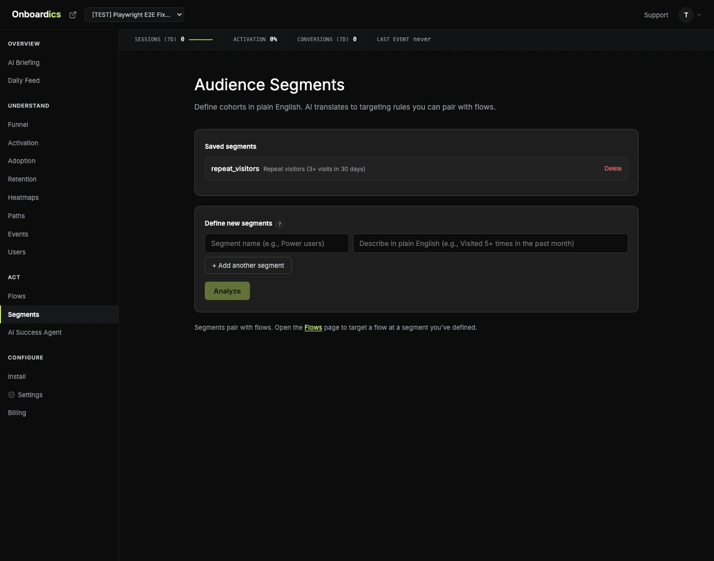 AI-defined audience segments in the Onboardics dashboard