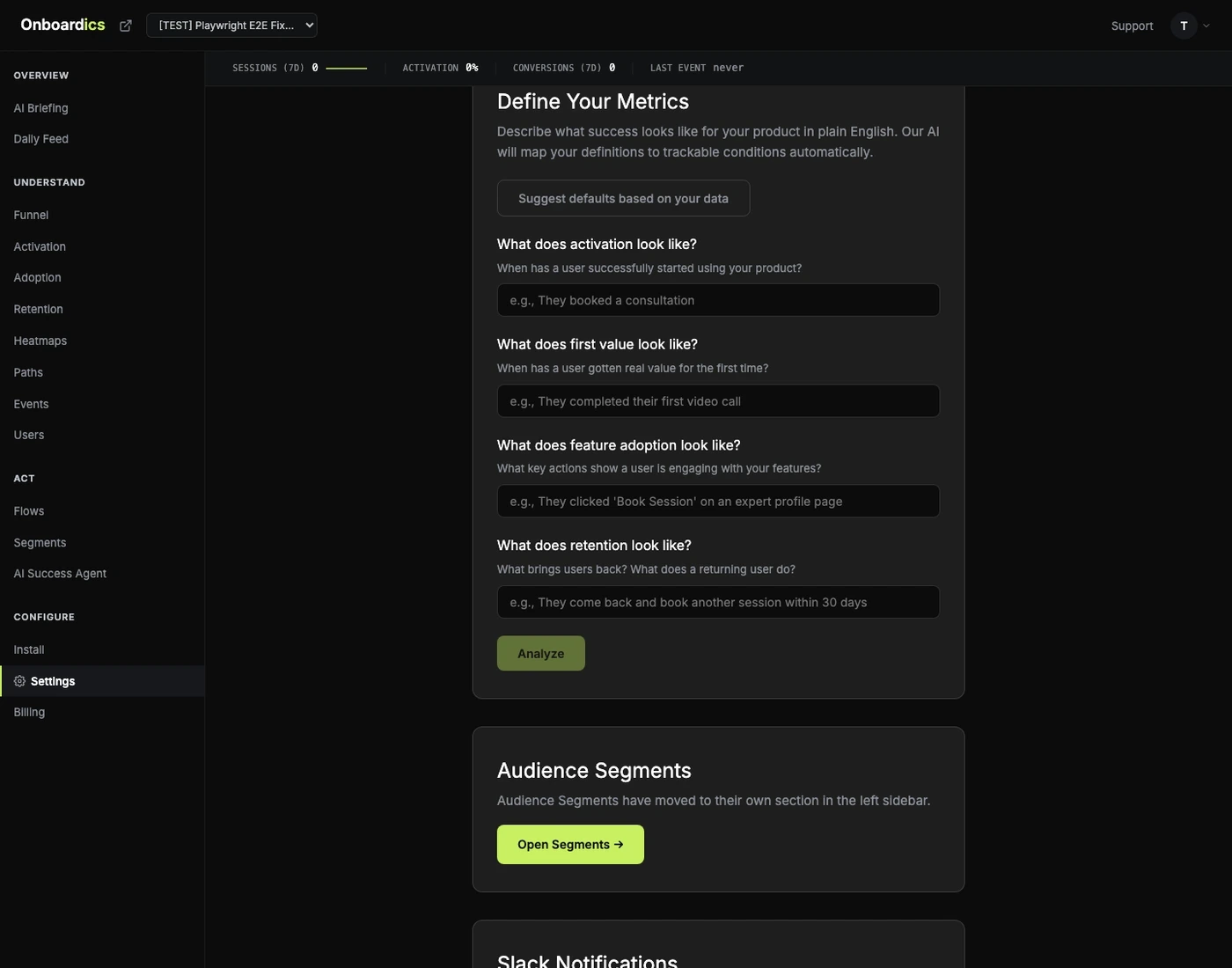 Plain English metric definition fields in the Onboardics Settings page