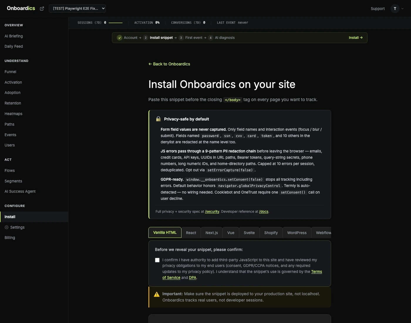 Install page with framework auto-detection tabs in the Onboardics dashboard