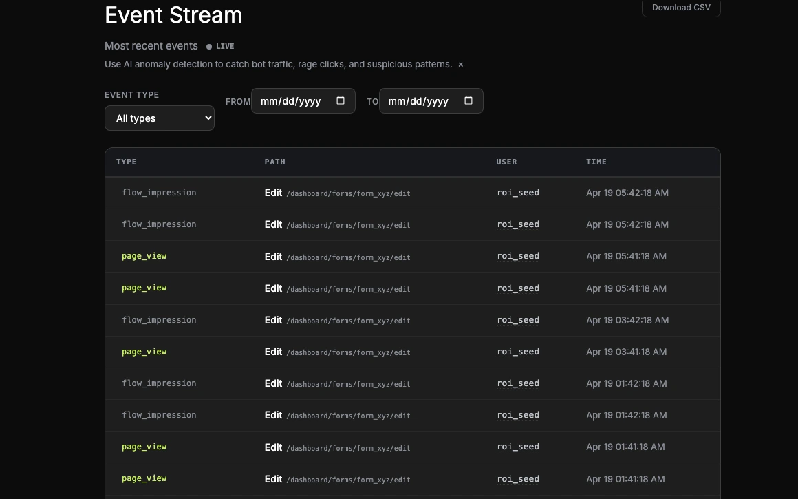 Real-time event stream showing page views, clicks, scroll depth, session end, and idle events with a live indicator