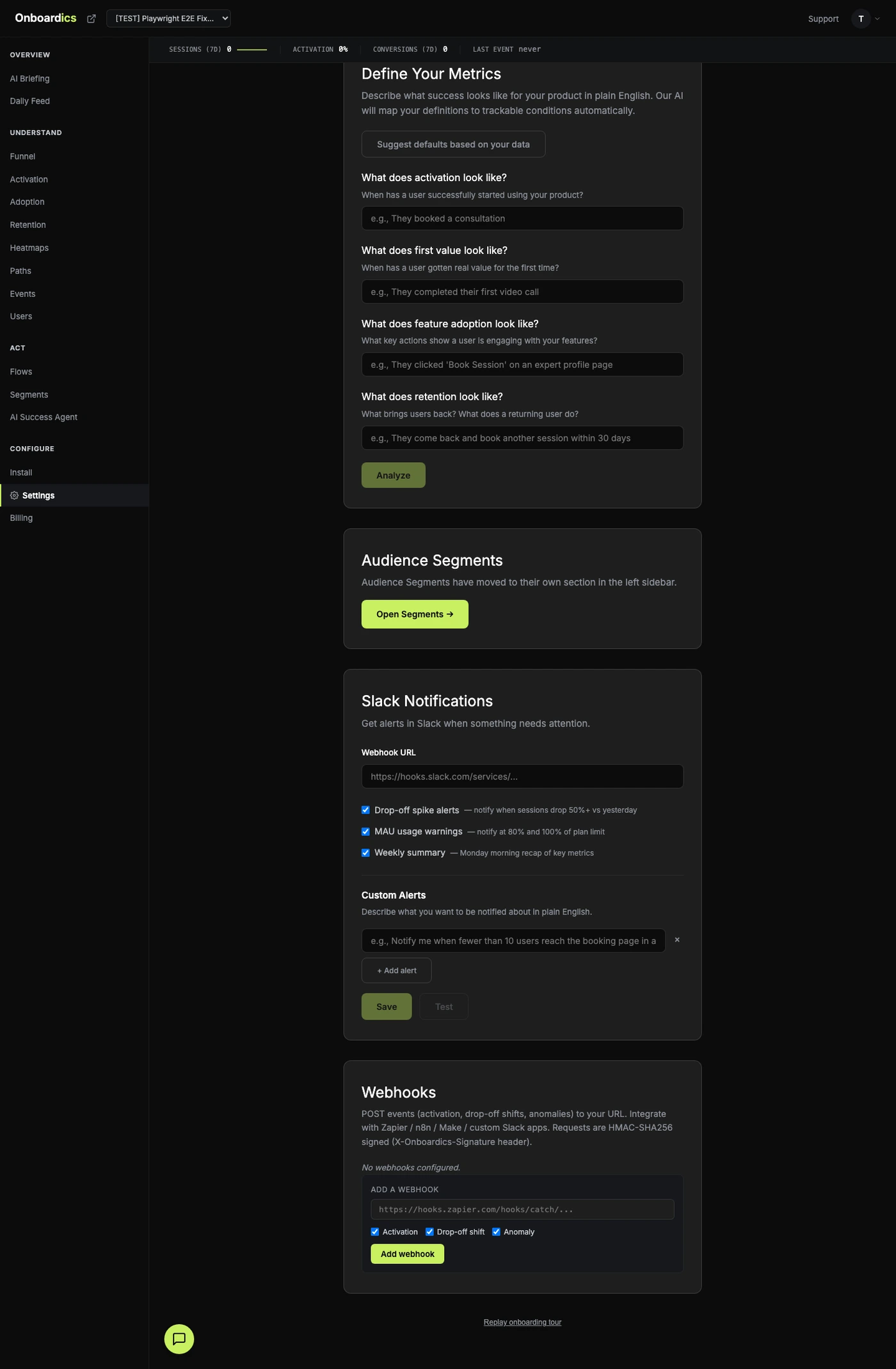 Settings page showing four plain-English metric definition fields for activation, time to value, feature adoption, and retention